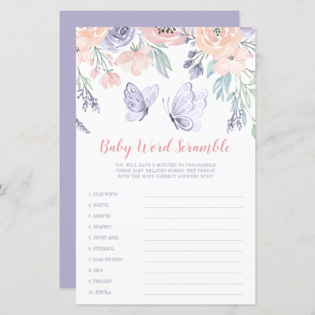 Pink Purple Floral Butterfly Word Scramble Game (Front/Back)