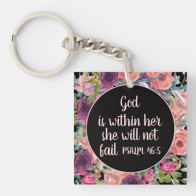 Pink Purple Floral Christian Bible Verse Keychain (Front)