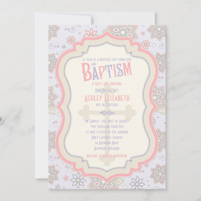 Pink Purple Floral Cross Baptism Invitation (Front)