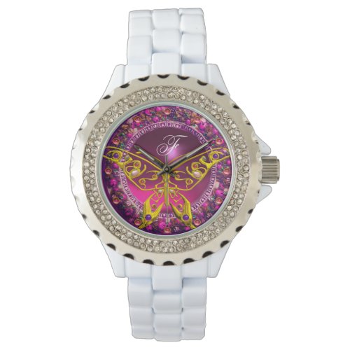 PINK PURPLE FLORAL CROWN GOLD BUTTERFLY GEMSTONES WATCH