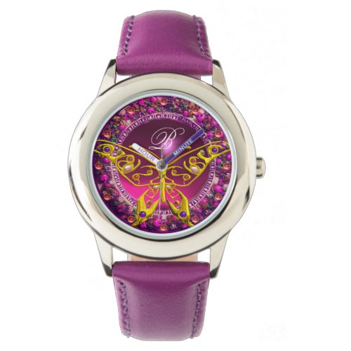 PINK PURPLE FLORAL CROWN GOLD BUTTERFLY GEMSTONES WATCH