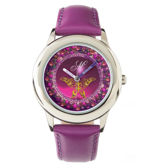 PINK PURPLE FLORAL CROWN GOLD BUTTERFLY ,GEMSTONES WATCH (Front)