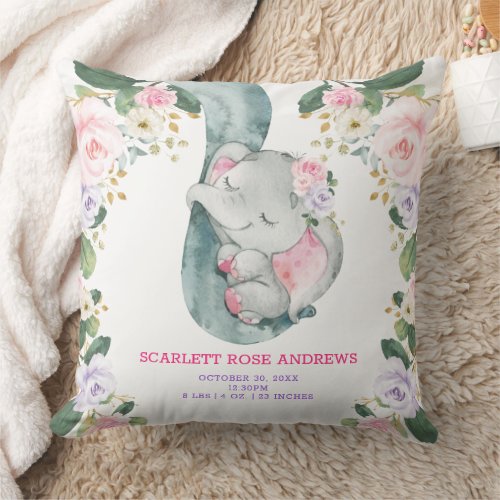 Pink Purple Floral Elephant Birth Stats Nursery Throw Pillow