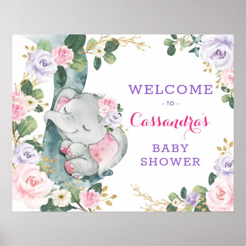 Pink Purple Floral Elephant Eucalyptus Welcome Poster
