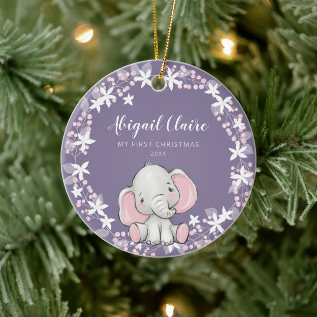 Pink Purple Floral Elephant Girl 1st Christmas Ceramic Ornament (Tree)