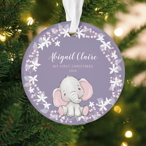 Pink Purple Floral Elephant Girl 1st Christmas Ornament
