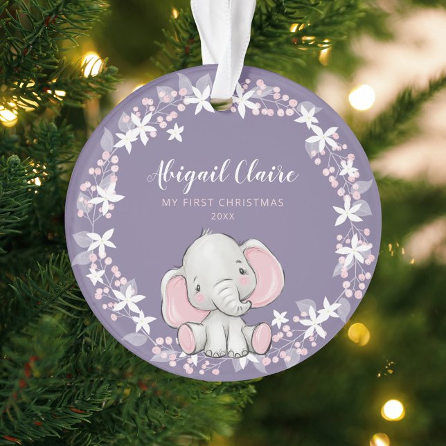 Pink Purple Floral Elephant Girl 1st Christmas Ornament (Creator Uploaded)