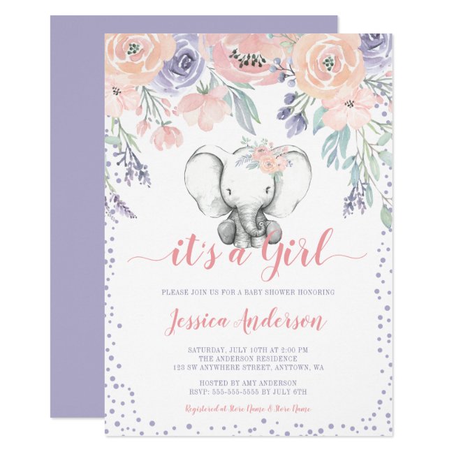 Pink Purple Floral Elephant Girl Baby Shower Invitation