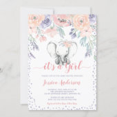 Pink Purple Floral Elephant Girl Baby Shower Invitation (Front)