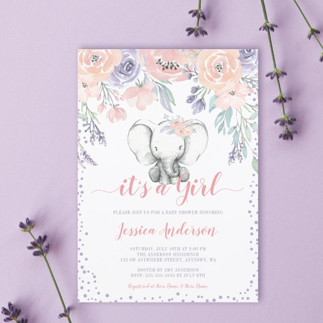 Pink Purple Floral Elephant Girl Baby Shower Invitation