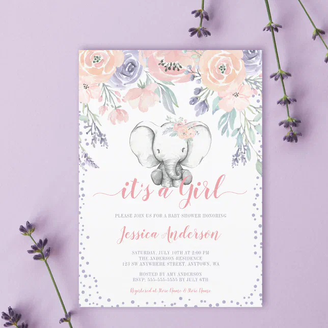 Pink Purple Floral Elephant Girl Baby Shower Invitation | Zazzle