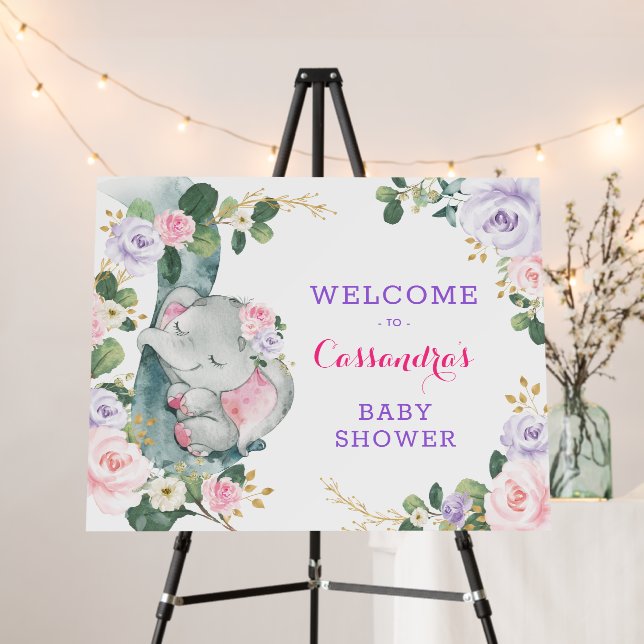 Pink Purple Floral Elephant Greenery Baby Welcome Foam Board (In Situ (Stand))