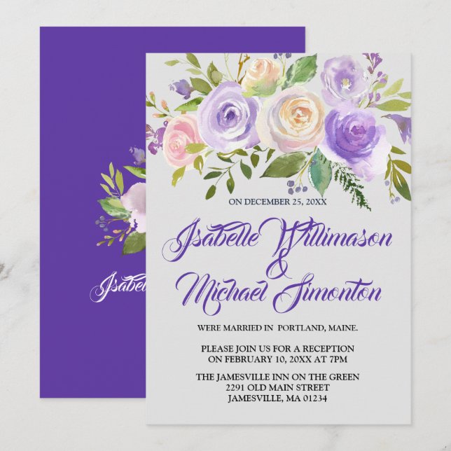 Pink Purple Floral Elopement Reception Card (Front/Back)