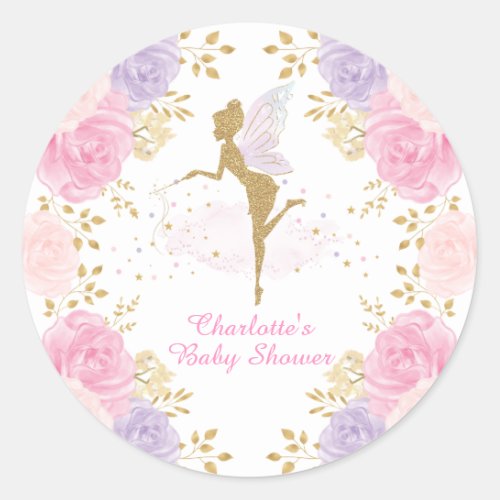 Pink Purple Floral Fairy Birthday Baby Girl Shower Classic Round Sticker