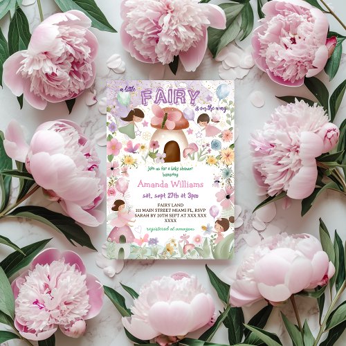 Pink Purple Floral Fairy Forest Baby Girl Shower Invitation