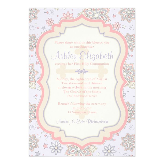 Pink Purple Floral First Communion Invitation