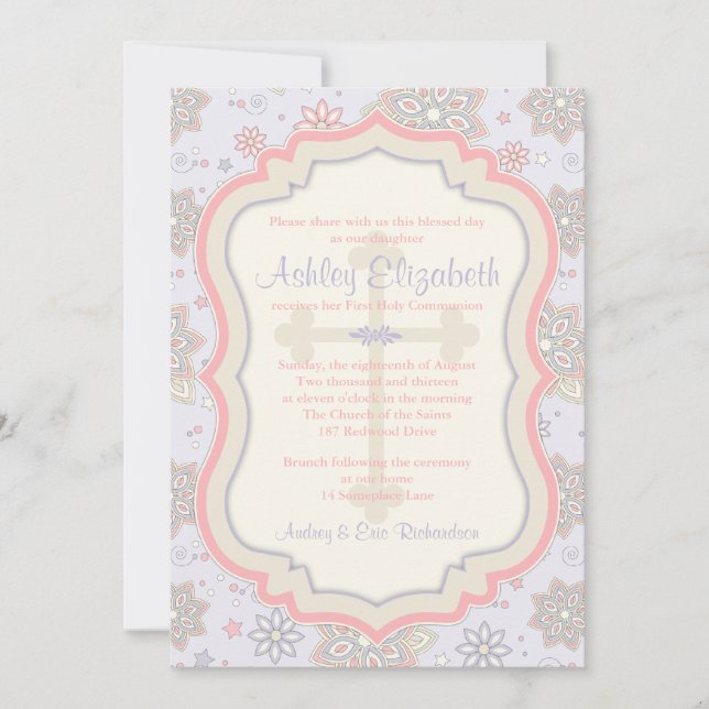 Pink Purple Floral First Communion Invitation (Front)