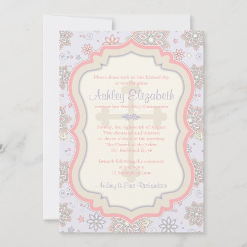 Pink Purple Floral First Communion Invitation