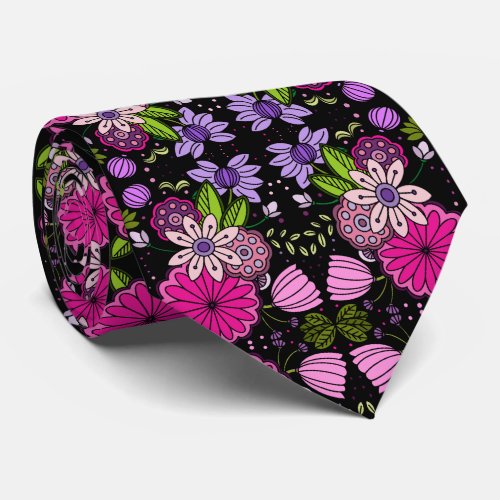 Pink Purple Floral Flower Garden Folk Art On Black Neck Tie
