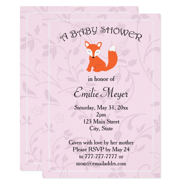 Pink Purple Floral Fox Woodland Baby Shower Invitation