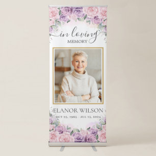 Pink Purple Floral Funeral Memorial Picture Photo Retractable Banner