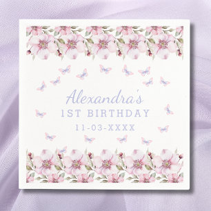 Pink Purple Floral Girl Butterfly 1st Birthday Napkins