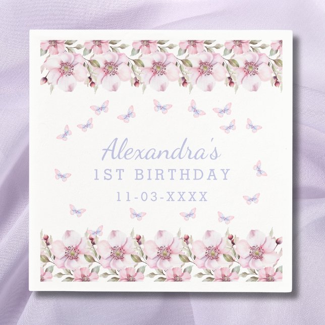 Pink Purple Floral Girl Butterfly 1st Birthday Napkins (Creator Uploaded)