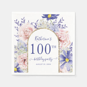 Pink Purple Floral God Frame 100th Birthday Party Napkins