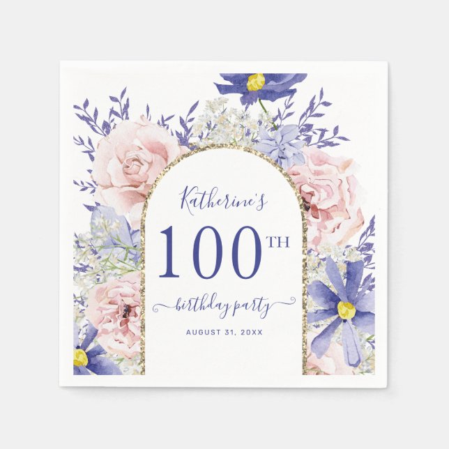 Pink Purple Floral God Frame 100th Birthday Party Napkins (Front)
