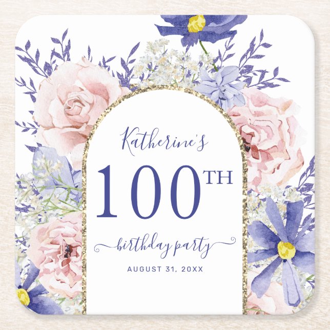 Pink Purple Floral God Frame 100th Birthday Party Square Paper Coaster (Front)