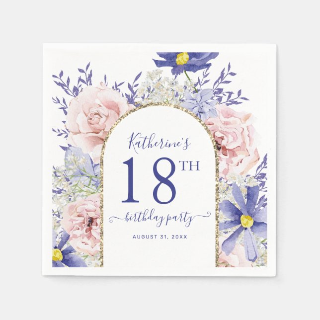 Pink Purple Floral God Frame 18th Birthday Party Napkins (Front)