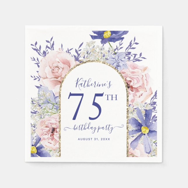 Pink Purple Floral God Frame 75th Birthday Party Napkins (Front)