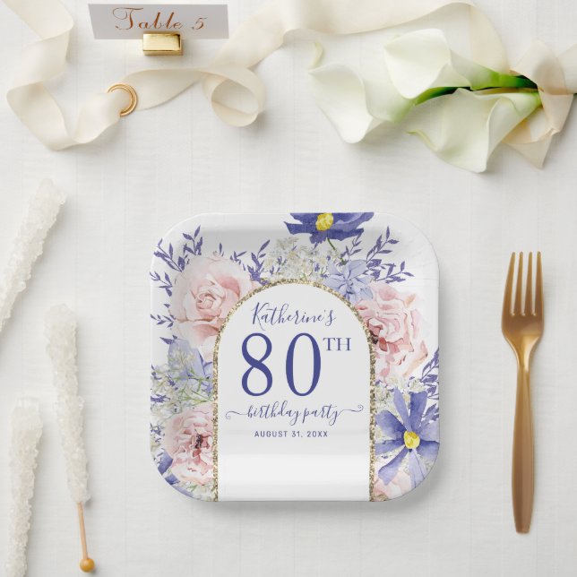 Pink Purple Floral God Frame 80th Birthday Party Paper Plates (Wedding)