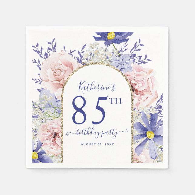 Pink Purple Floral God Frame 85th Birthday Party Napkins (Front)