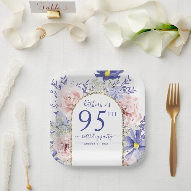 Pink Purple Floral God Frame 95th Birthday Party Paper Plates (Wedding)