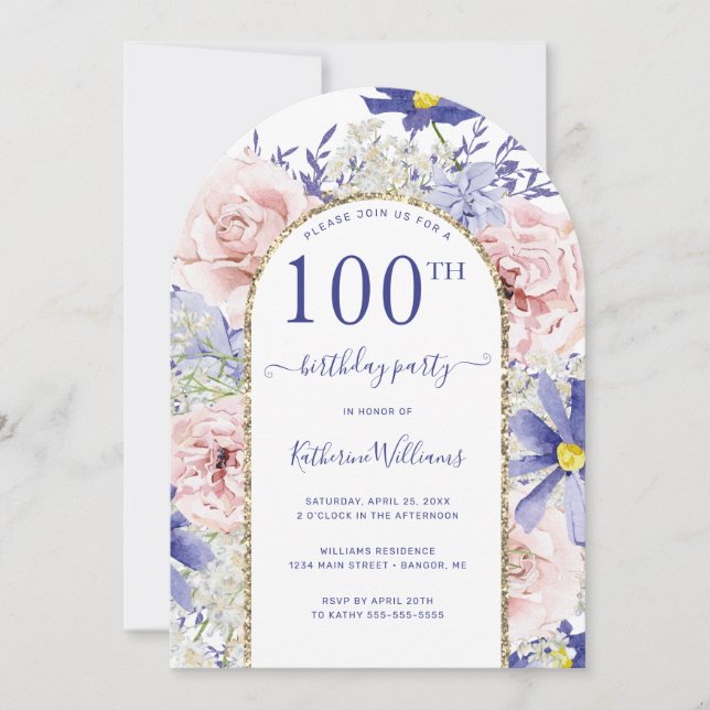 Pink Purple Floral Gold Arch 100th Birthday Party Invitation (Front)