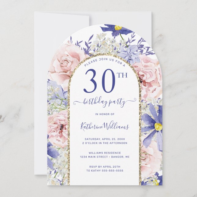 Pink Purple Floral Gold Arch 30th Birthday Party Invitation (Front)