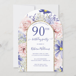Pink Purple Floral Gold Arch 90th Birthday Party Invitation