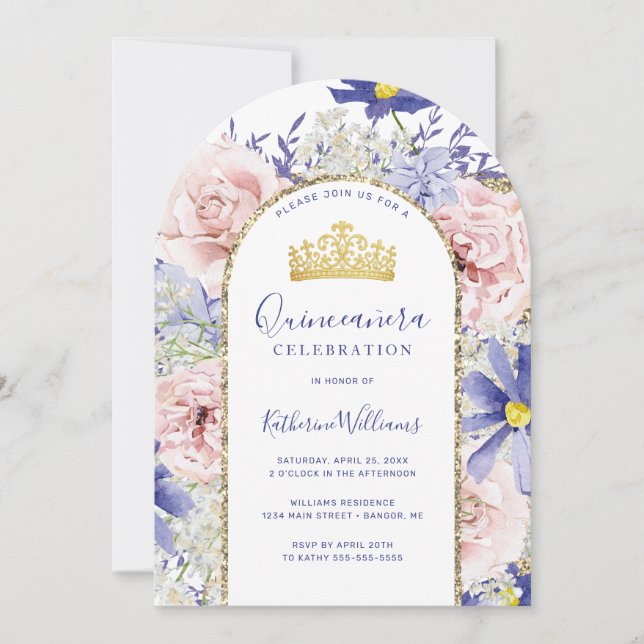 Pink Purple Floral Gold Arch Crown Quinceañera Invitation (Front)