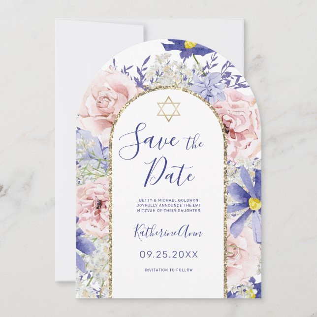 Pink Purple Floral Gold Bat Mitzvah Save the Date Invitation (Front)
