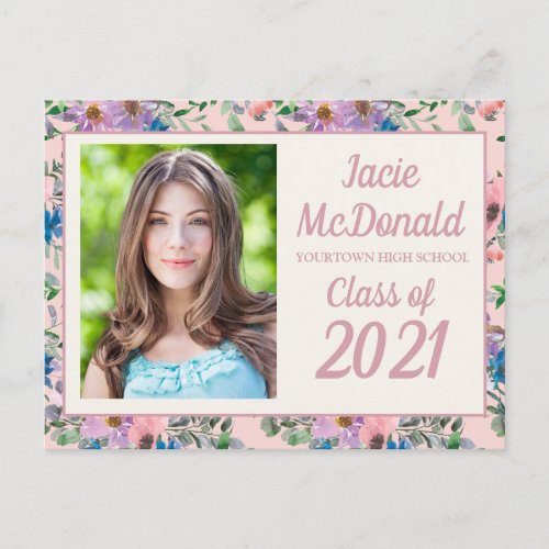 Pink Purple Floral Graduation Photo Class of 2021 Announcement Postcard