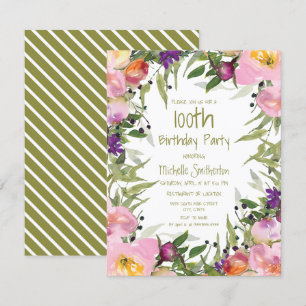 Pink Purple Floral Green Leaves 100th Birthday Card