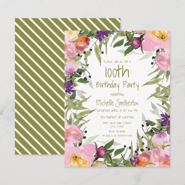 Pink Purple Floral Green Leaves 100th Birthday Card (Front/Back)