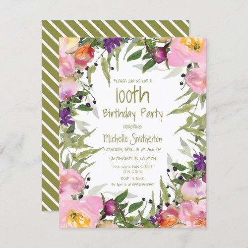 Pink Purple Floral Green Leaves 100th Birthday Card