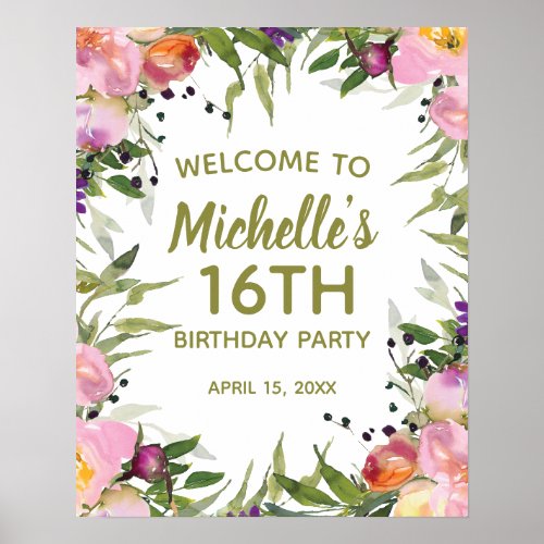 Pink Purple Floral Green Leaves 16th Birthday Poster