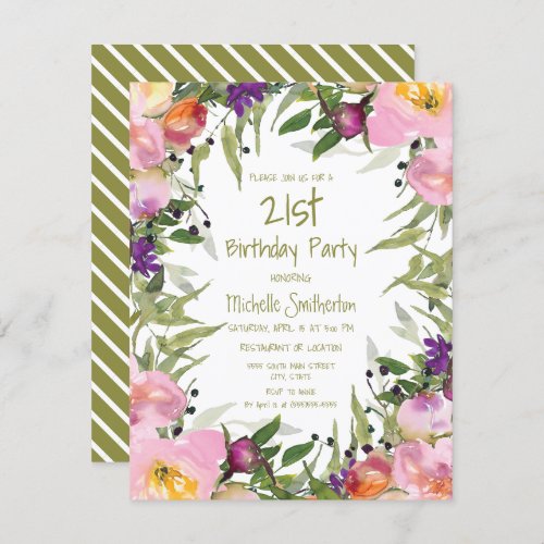 Pink Purple Floral Green Leaves 21st Birthday Card