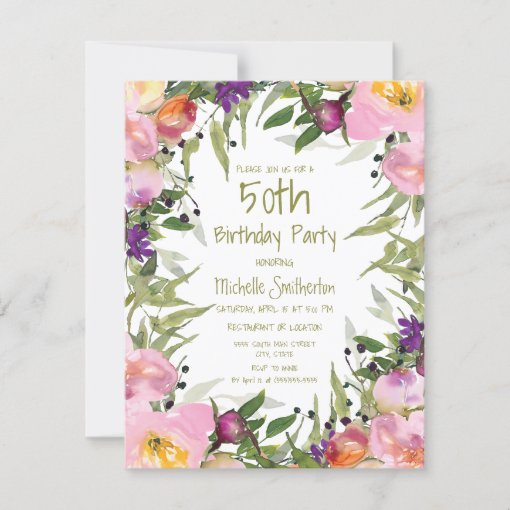 Pink Purple Floral Green Leaves 50th Birthday Card | Zazzle