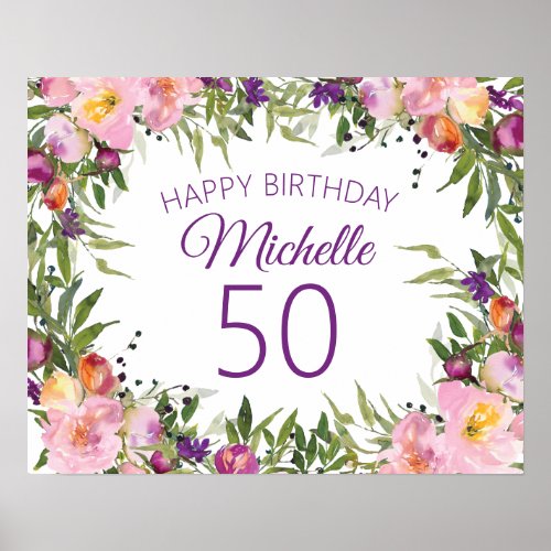 Pink Purple Floral Green Leaves 50th Birthday Poster