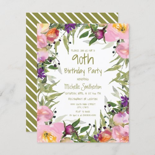 Pink Purple Floral Green Leaves 90th Birthday Card