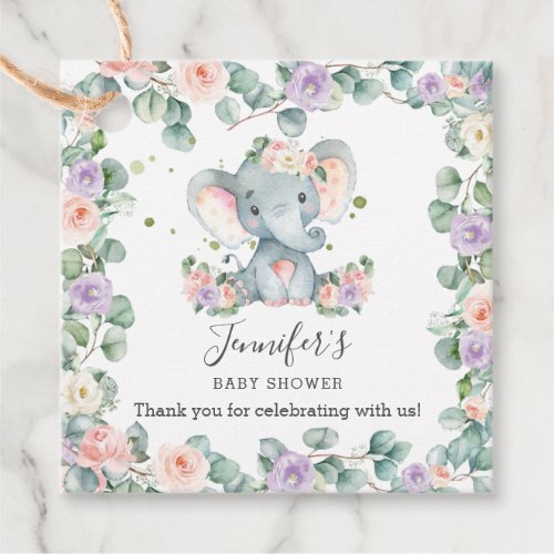 Pink Purple Floral Greenery Elephant Baby Shower Favor Tags